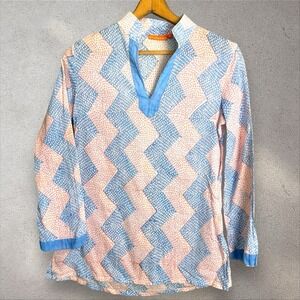 Oliphant Zig Zag Blue Orange V Neck Cotton Tunic‎ Top Blouse size Small